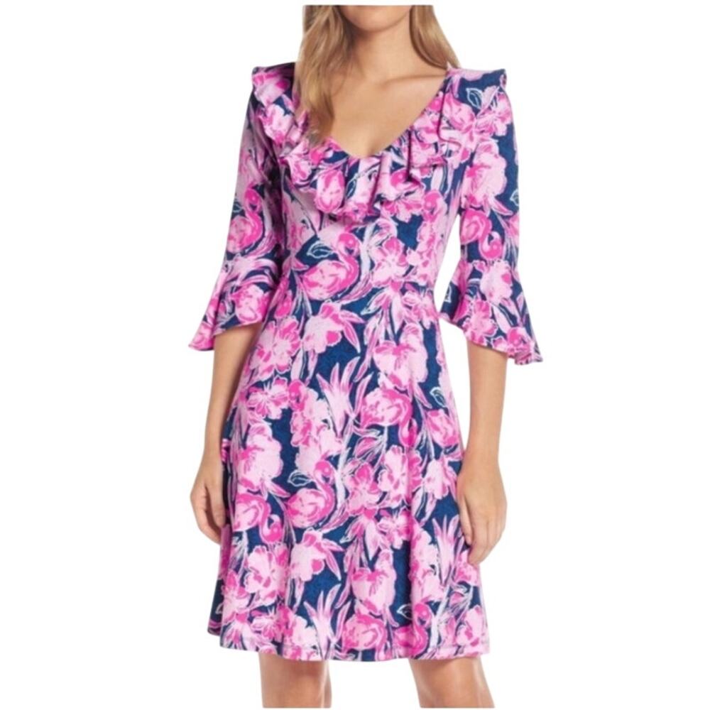 Lilly Pulitzer Stirling Fit & Flare‎ Dress Tropical Flamingo Print Size M